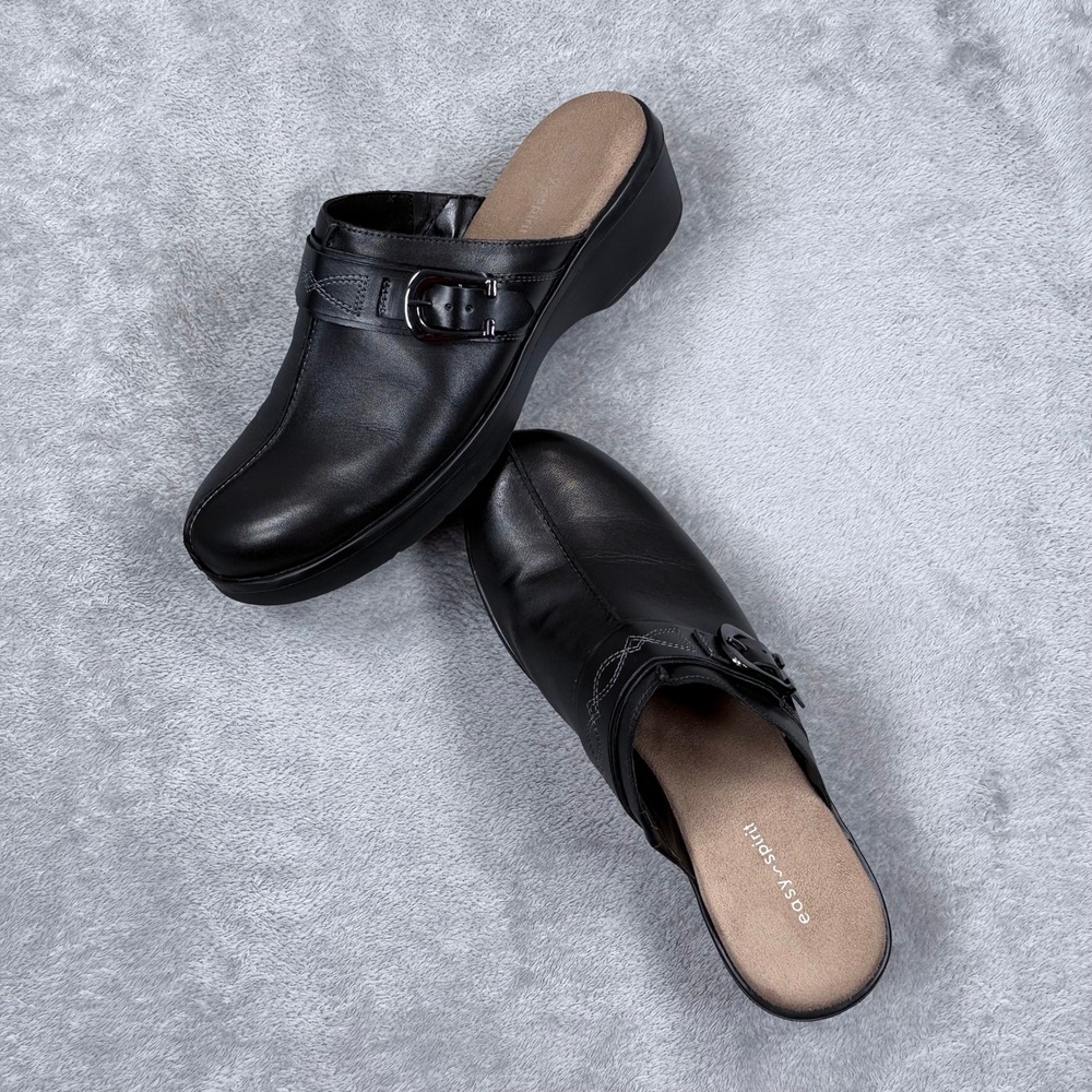 Easy Spirit Sepine Mules Women 9.5 Black Leather Slip On Wedge Clogs Comfort